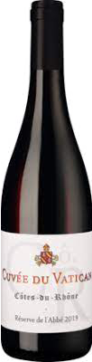 En glasflaska med Cuvée du Vatican Côtes-du-Rhône Réserve de l’Abbé 2020, ett rött vin från Rhonedalen i Frankrike