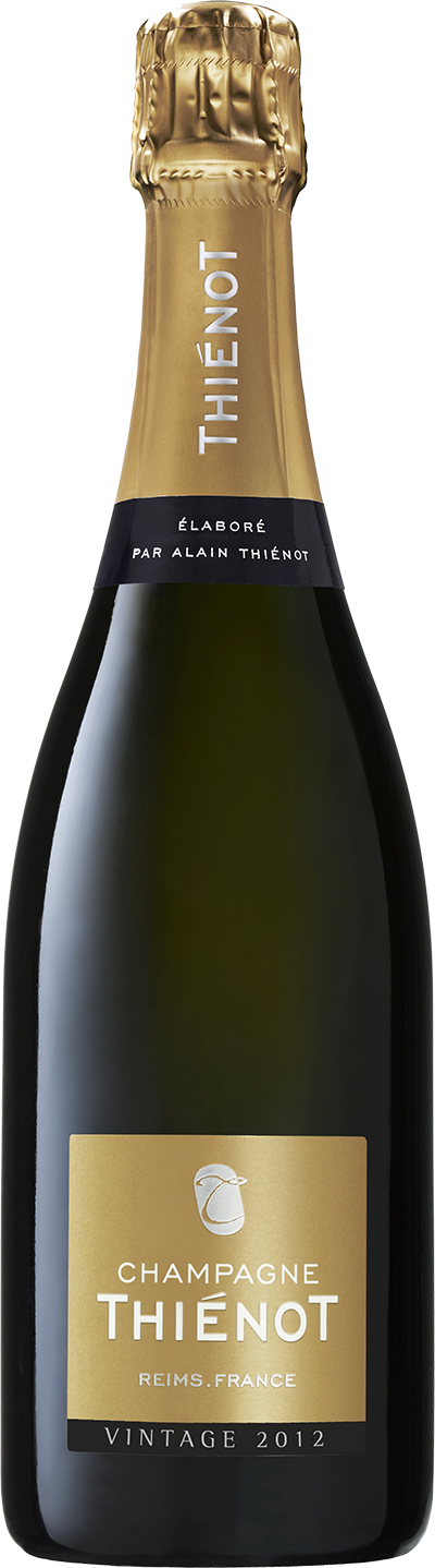 En glasflaska med Thiénot Brut Vintage 2012, ett champagne från Champagne i Frankrike