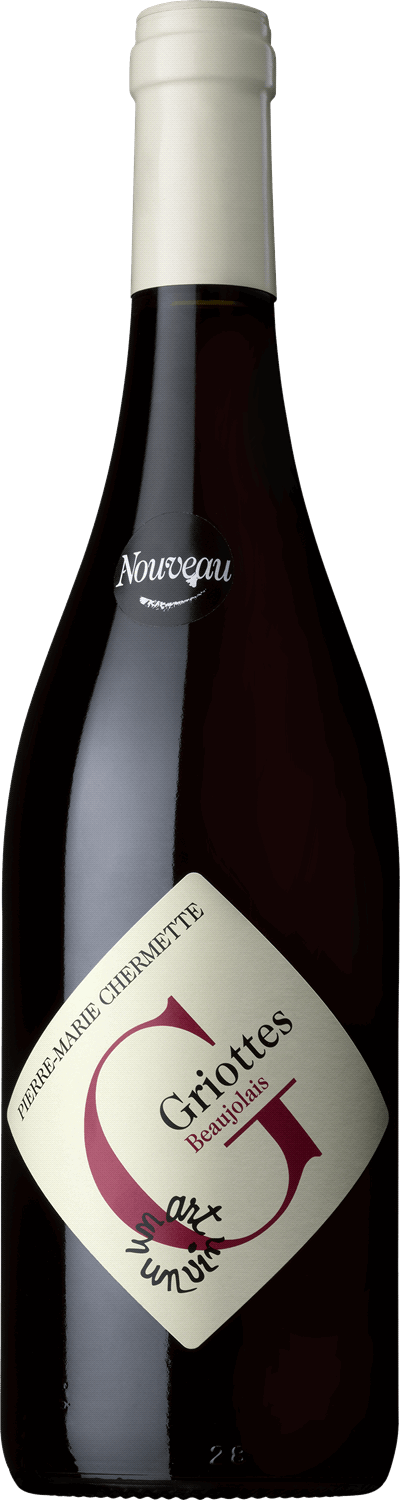 En glasflaska med Beaujolais Nouveau Les Griottes, 2021, ett rött vin från Western Cape i Sydafrika