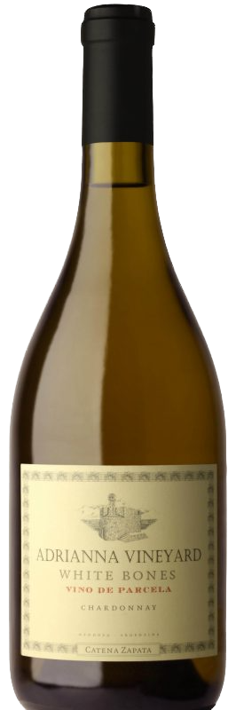 En flaska med Adrianna Vineyard White Bones Chardonnay , ett vitt vin från Cuyo i Argentina